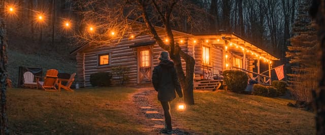 Illuminated cabin at dusk with fire pit, Adirondack chairs, and wooded surroundings at twilight.